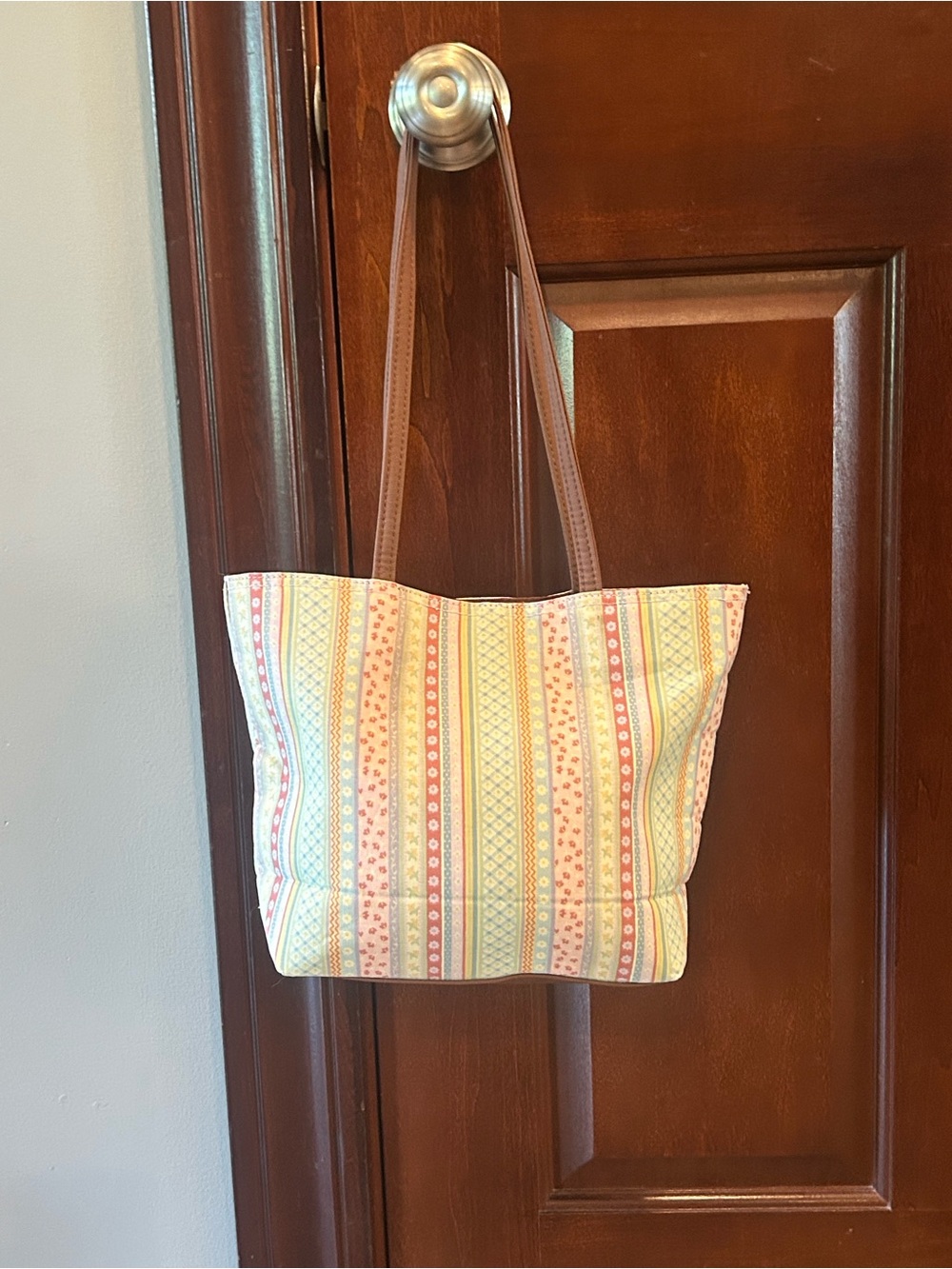 Longaberger Pastel Patchwork Stripe Tote Shoulder Bag Spring Floral - Picture 4 of 8